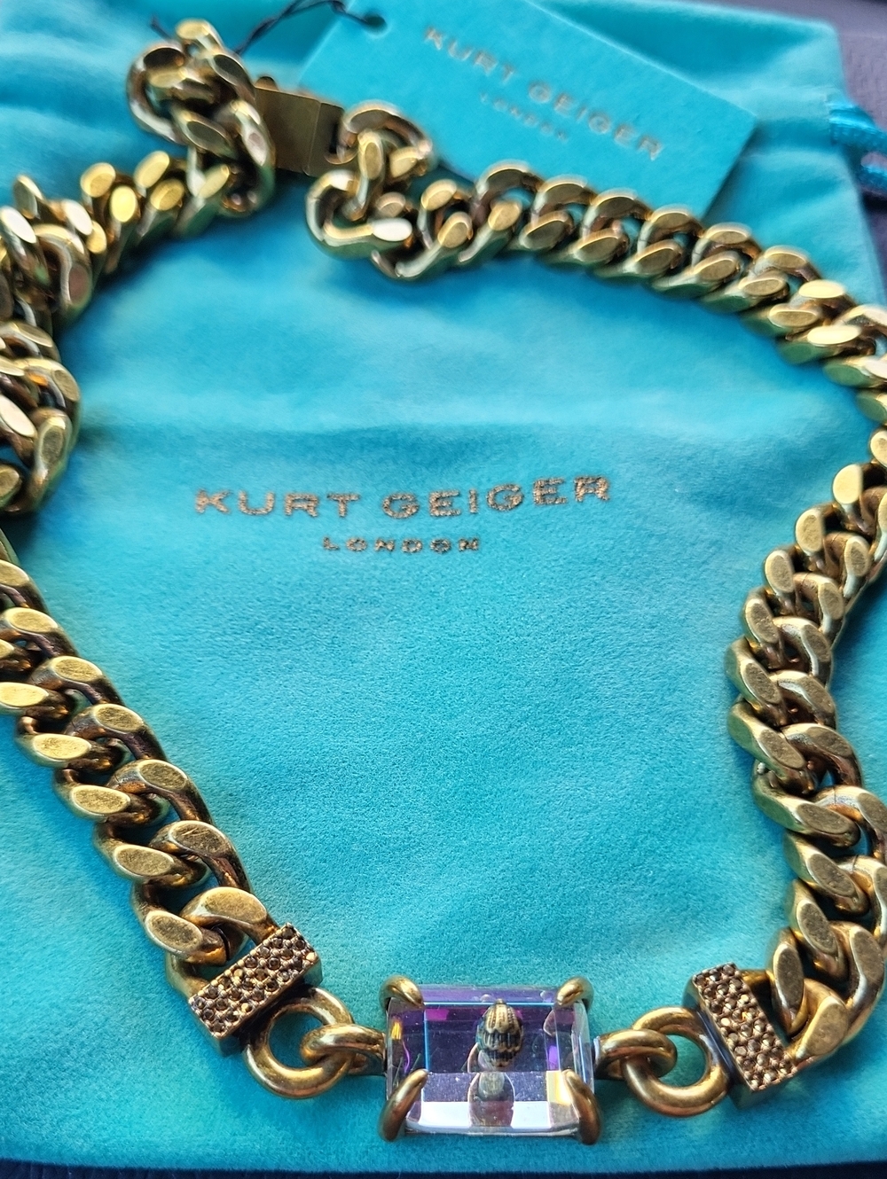 Kurt Geiger Gold-Tone Curb Chain Necklace with Clear Rectangular Crystal W Eagle